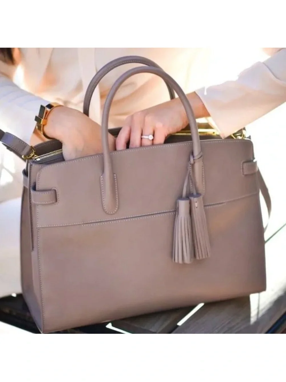 Cuyana Taupe Leather Structured Tote
